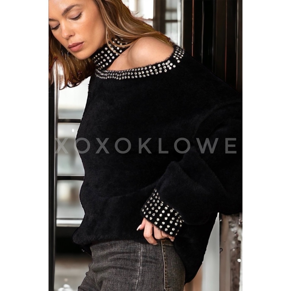 LAST ONE POL Black Faux Mohair & Rhinestone Cutout Halter Neck Sweater - Picture 5 of 10